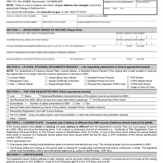 CA DMV Form REG 156. Application for Replacement Plates, Stickers, Documents