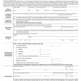 CA DMV Form REG 168. Certification of Lien Sale