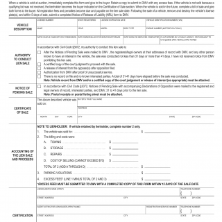 CA DMV Form REG 168A. Certification of Lien Sale for Vehicle Valued $4000 or Less