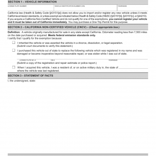 CA DMV Form REG 256F. Statement of Facts California Non-Certified Vehicle