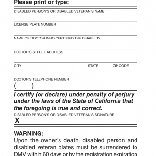 CA DMV Form REG 3060. Disabled Person or Disabled Veteran License Plate Certification Form