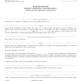 CA DMV Form REG 4029. Business Partner Deposit Agreement and Assignment