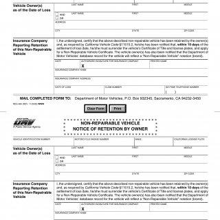 CA DMV Form REG 480. Non-Repairable Vehicle, Notice of Retention by Owner