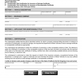 CA DMV Form REG 492. Unobtainable Title Certification for Issuance of Salvage Certificate