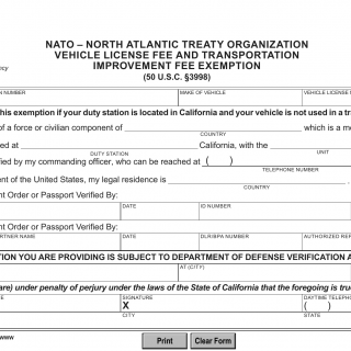 CA DMV Form REG 5046. North Atlantic Treaty Organization (NATO) Status of Forces Agreement