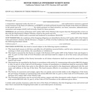 CA DMV Form REG 5057. Motor Vehicle Ownership Surety Bond