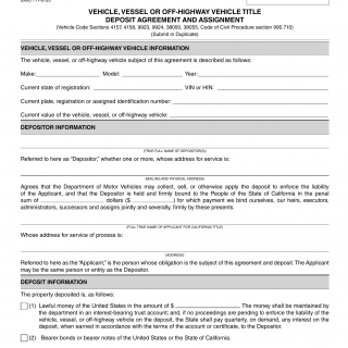 CA DMV Form REG 5059. Vehicle, Vessel, or Off-Highway Vehicle Title Deposit Agreement and Assignment