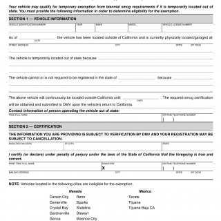 CA DMV Form REG 5103. Application for Temporary Smog Exemption for a Vehicle Located Out-of-State