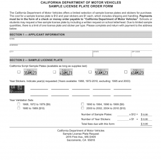 CA DMV Form REG 580. Sample License Plate Order Form