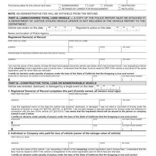 CA DMV Form REG 65. Application for Vehicle License Fee Refund