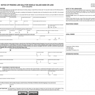 CA DMV Form REG 668. Notice of Pending Lien Sale for Vehicle Valued $4000 or Less