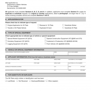CA DMV Form REG 88. Application for Special Equipment Identification Plate