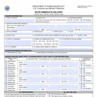 CBP Form 3461. Entry/Immediate Delivery for ACE
