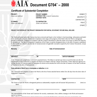 Certificate of Substantial Completion (AIA G704) Certificate of Substantial Completion (AIA G704)