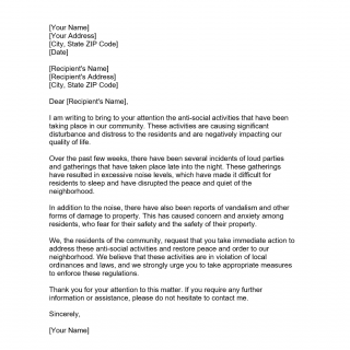 Complaint Letter about Anti-social Activities