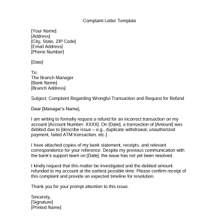 Complaint Letter to Bank Manager for Refund of Money Complaint Letter to Bank Manager for Refund of Money