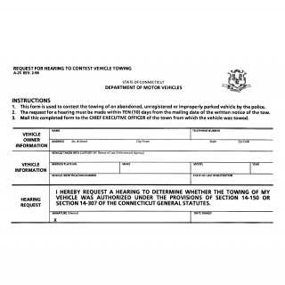 CT DMV Form A25. Request for hearing to contest vehicle towing