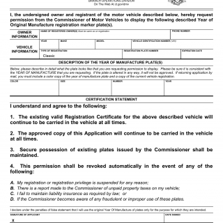 CT DMV Form B320. Application to display original year of manufacture marker plate(s)