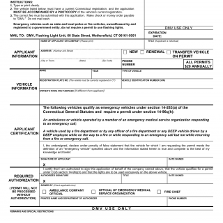 CT DMV Form E215EV. Application for flashing light permit - emergency vehicles