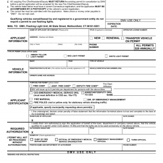 CT DMV Form E215. Form for flashing light/siren permits
