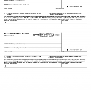CT DMV Form E22. No Fee Replacement Affidavit