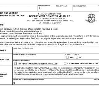 CT DMV Form F82. Application for one year or two year refund on registration
