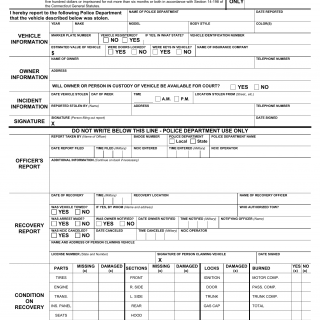 CT DMV Form H108. Stolen vehicle report (police departments only)