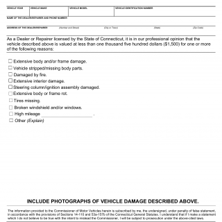 CT DMV Form H116. Vehicle statement of value (completed by dealers and repairers)