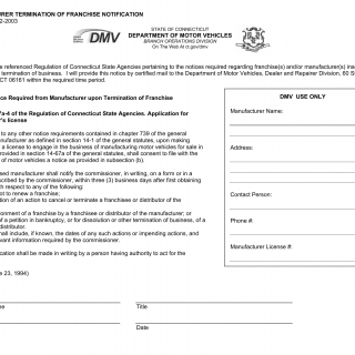 CT DMV Form K196. Manufacturer termination of franchise notification