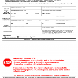 CT DMV Form K35. Complaint Against CT Licensed Dealer or Repairer