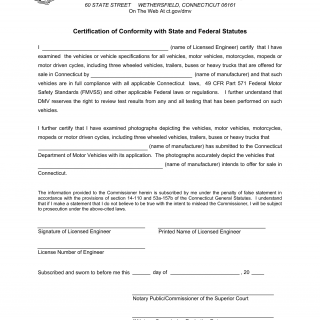 CT DMV Form K9B. Certification of conformity with state and federal statutes