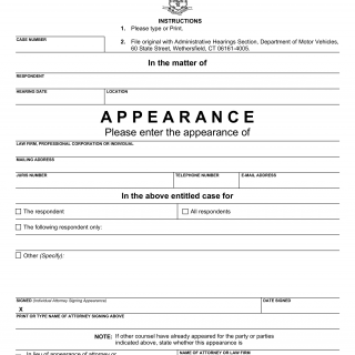 CT DMV Form P163. Attorney appearance sheet