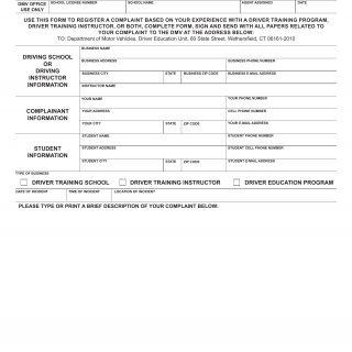 CT DMV Form R403. Complaint against CT licensed driving school or instructor