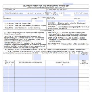 DA Form 2404. Equipment Inspection and Maintenance Worksheet