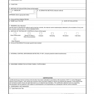 DA Form 11-2. Internal Control Evaluation Certification