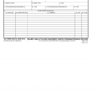 DA Form 2408-22. Helmet and Attached Equipment Inspection/Maintenance Record