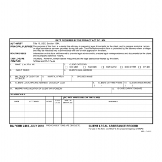 DA Form 2465. Client Legal Assistance Record