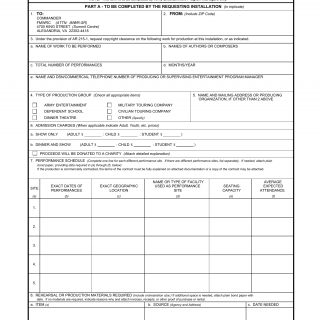 DA Form 3238. Request for Copyright Clearance on Musical or Dramatic Works