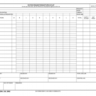 A Form 3294. Ration Request/Issue/Turn-In Slip