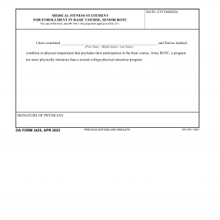 DA Form 3425. Medical Fitness Statement for Enrollment in Basic Course, Senior Rotc
