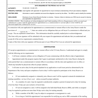 DA Form 3574. Certificate of Acknowledgement and Understanding of Service Requirements for Individuals Applying for Appointment in the Usar Under the Provisions of Ar 135-100 or 135-101 as Applicable - Individuals Without Prior Service