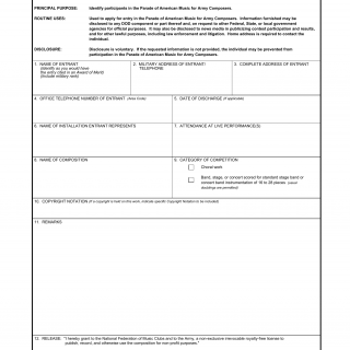 DA Form 3680-1. Parade of American Music Entry for Army Composers
