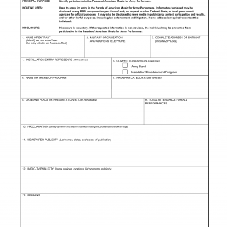 DA Form 3680. Parade of American Music Entry for Army Performers