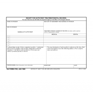 DA Form 3705. Receipt for Outpatient Treatment/Dental Records