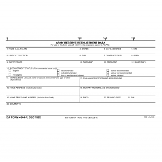 DA Form 4644-R. Army Reserve Reenlistment Data (LRA)