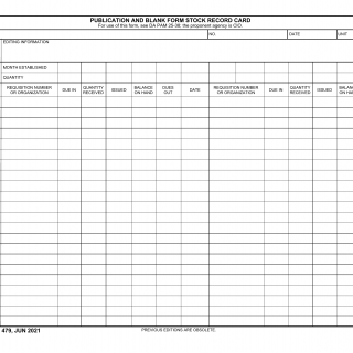 DA Form 479. Publication and Blank Form Stock Record Card (Vertical File)