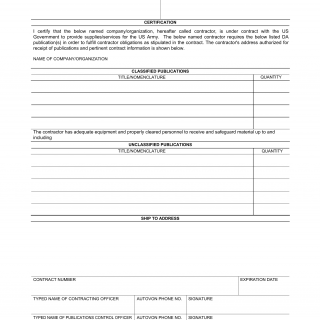 DA Form 4790. Certification for Distribution of Publication(s) in Support of Government Contract