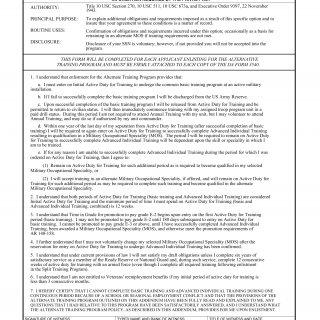 DA Form 4826. Addendum to Certificate and Acknowledgement of Service Requirements (Da Form 3540) for Enlistment Under the Alternate Training Program