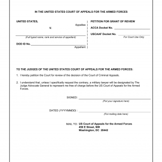 DA Form 4918. Petition for Grant of Review in the United States Court of Appeals for the Armed Forces