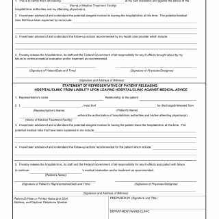 DA Form 5009. Medical Record - Release Against Medical Advice